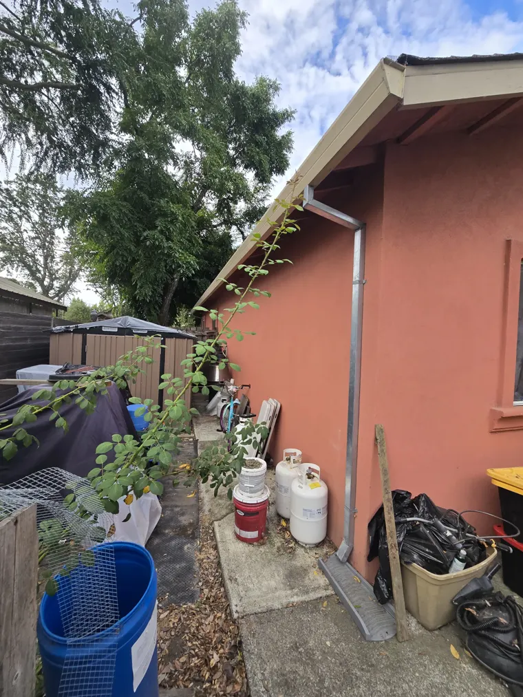 Side of a house with propane tanks, a plastic barrel, trash bins and leaf litter stacked along the wall beside a downspout