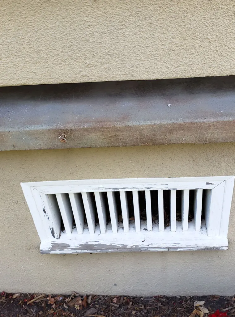 Foundation vent with dry leaves inside and bark mulch below it